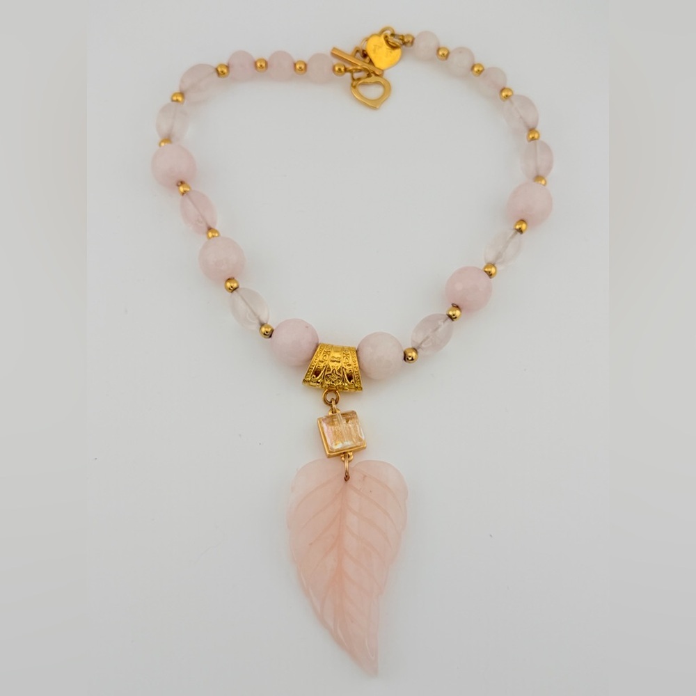 Pink quartz statement necklace with carved pink quartz leaf pendant